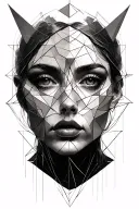Geometric elements drawn with thin linesThe face from the painting Fallen Angelin Roman numerals: 29.08.2012, 11.11.2016 tattoo design idea