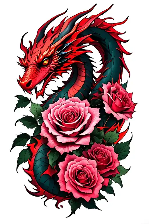 pink roses intertwined with fire red dragon outlined in black ink  tattoo design idea
