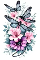 unique dragonflies and butterflies intertwined  with trailing belladonna and oleander flowers tattoo design idea