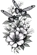 unique dragonflies and butterflies intertwined  with trailing belladonna and oleander flowers tattoo design idea