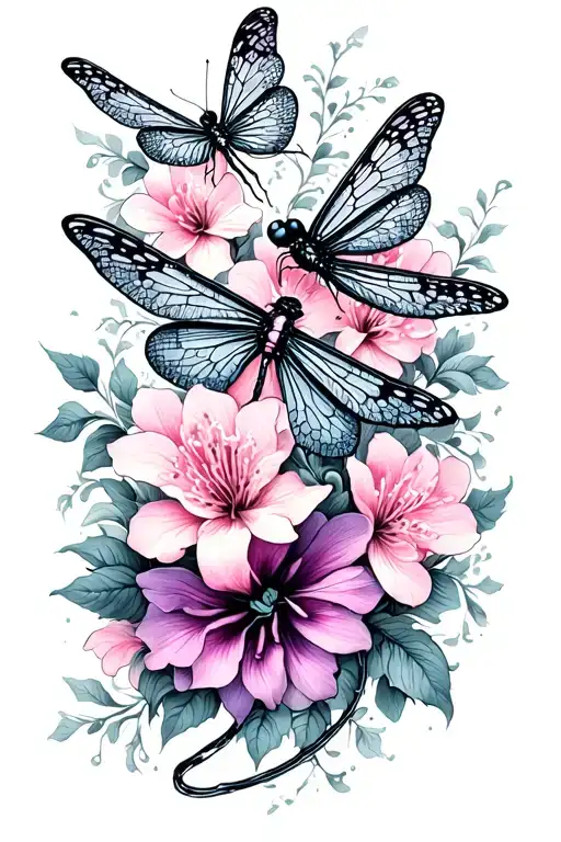 unique dragonflies and butterflies intertwined  with trailing belladonna and oleander flowers tattoo design idea