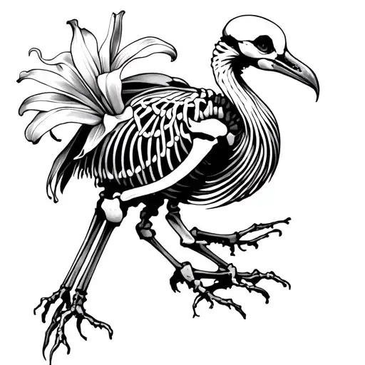 white lillys coiling around dodo bird skeleton tattoo design idea