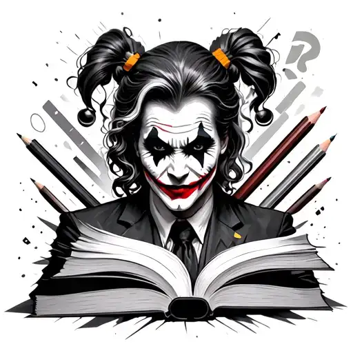 An abstract design combining elements of the Joker and Harley Quinn with educational symbols like books and pencils, in a black-grey style for a modern and edgy look tattoo design idea
