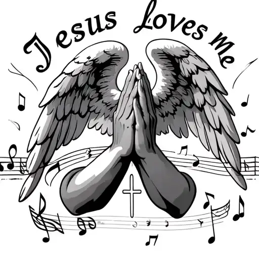religious symbol intertwined with baby angel a set of praying hands music notes and a saying Jesus loves me tattoo design idea