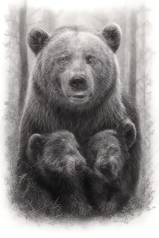 nature woods 1 adult mama bear 2 cubs tattoo design idea