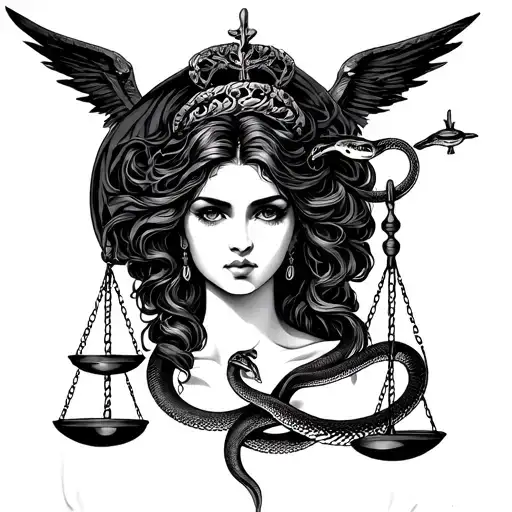 lady virgo with snake and scale of justice intertwined tattoo design idea