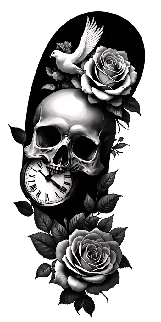 roses, skulls, sleeve tattoo featuring, dove, clock tattoo design idea