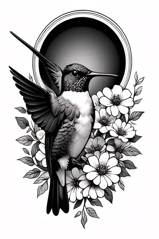 hummingbird with a halo surrounded by flowers tattoo design idea