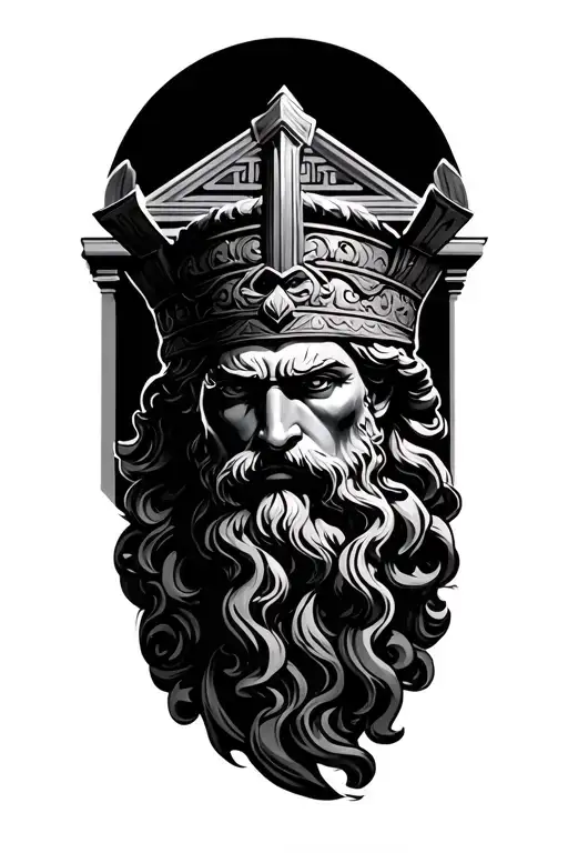 zeus, a warrior, structure of a greek building tattoo design idea