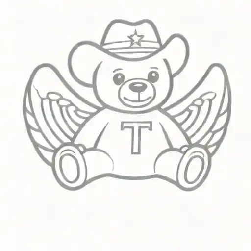 teddy bear sitting with the letter T on its foot with a cowboy hat and wings tattoo design idea