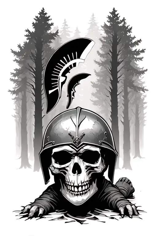 Black and white Forest background with a skull laying on the ground looking up wearing a spartan helmet tattoo design idea