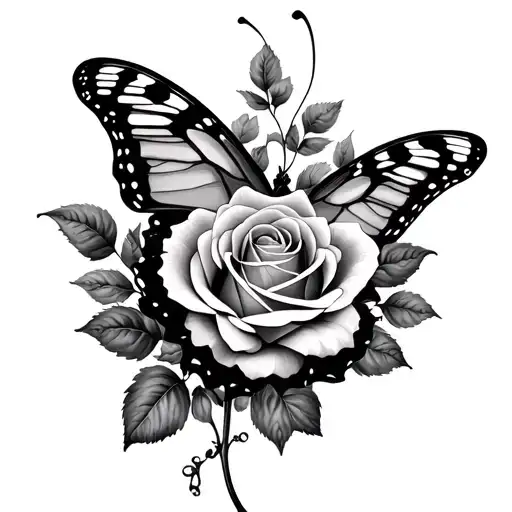 realistic butterfly and rose with Roman numeral of the number 13 tattoo design idea