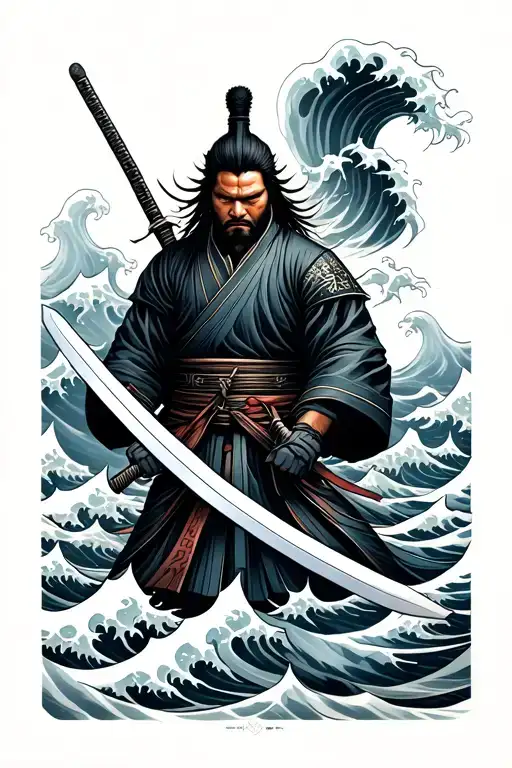 half samurai and half ronin holding one sword I the middle surrounded by Japanese waves tattoo design idea