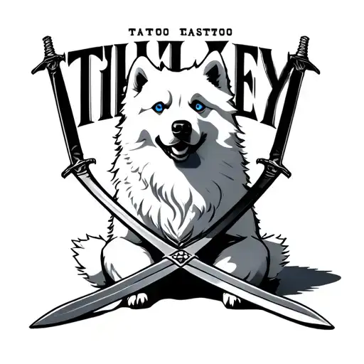white samoyed blue eyed dog sitting cross legged pose holding two swords, with the lettering "Tilley" tattoo design idea