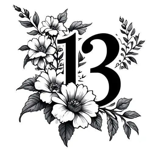 Make the number 13 linked with flowers by the root, of abstaite way tattoo design idea