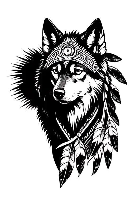 Indian Wolf with feathers and mandala design incorporating elements tattoo design idea