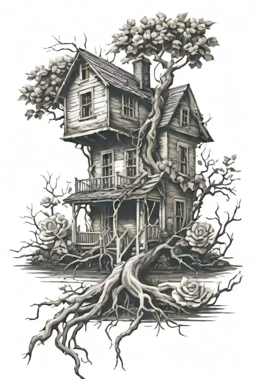 abandoned house, tree roots, roses tattoo design idea