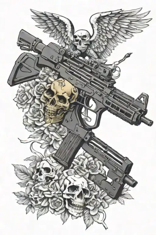 Valkyrie skull machine gun ak Africa sky token tattoo design idea