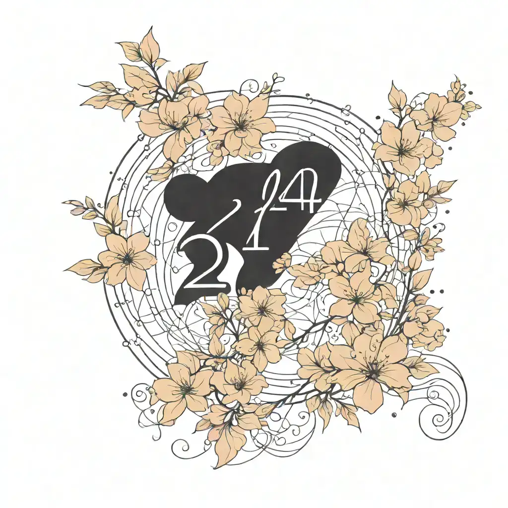 Design a minimalist tattoo featuring a combination of numbers and cursive text. The focal point is the number '24' in bold, modern black ink, with clean, geometric lines. Above the number, the word 'August' is written in delicate, cursive handwriting, overlapping the number slightly to create a layered effect. The tattoo is placed on the upper arm, near the bicep, and includes a small 'th' at the top right of the number to indicate '24th.' The overall design is simple yet elegant, with a balance between bold and delicate elements tattoo design idea