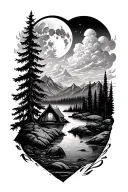 camping, trees, mountains , clouds, river, and moon merging together tattoo design idea