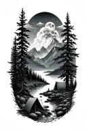 camping, trees, mountains , clouds, river, and moon merging together tattoo design idea