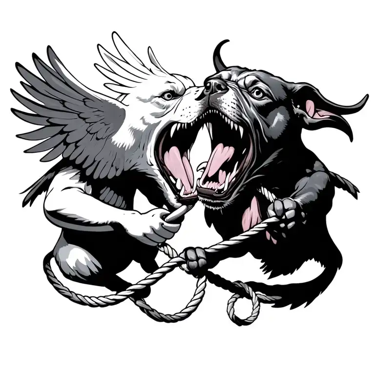 dove and devil dog fighting to pull a rope from their mouths aggressively pulling on the rope accross the chest tattoo design idea