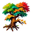 tree with 3 planks on trunk at the bottom colourful leaves tattoo design idea