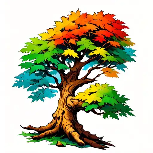 tree with 3 planks on trunk at the bottom colourful leaves tattoo design idea