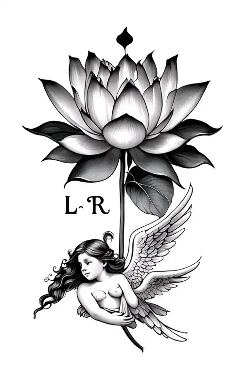 A lotus flower with the initial l r l in the sheets and an angel below to recall a missing child tattoo design idea