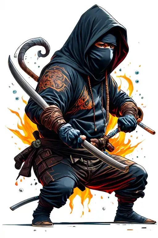 ninja in the mask and big hoodie with no eyes turning nunchucks in one hand and create colored quantum entanglement tattoo design idea