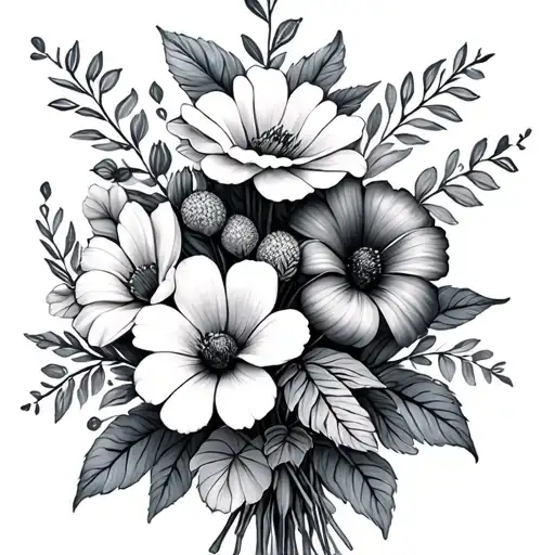 March, May, June, July, August, September, October and November birth flower bouquet  tattoo design idea