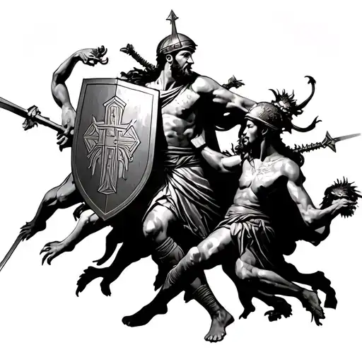 Greek ancient soldier holding a Greek Orthodox shield fighting female demons from the front of him that are attacking  tattoo design idea