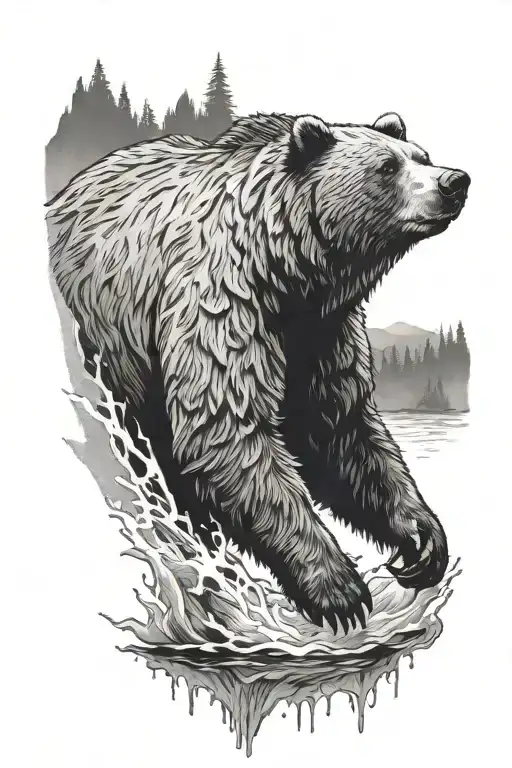 grizzly bear standing in the water looking aggressive with forest and mountains in background tattoo design idea