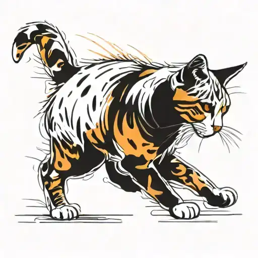 tabby cat, short hair, white hair on belly and chest, orange spot on head,, white paws, prowling. tattoo design idea