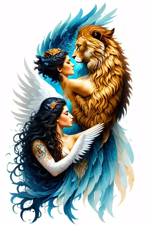 Leo male protector and Pisces female angel tattoo design idea