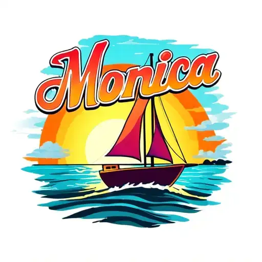 "Monica" "Monica"  single sail Sailboat sunset background, vibrant colors for ocean and sky tattoo design idea
