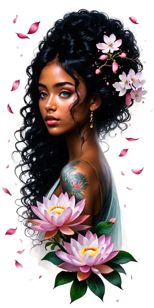 Half black woman (grey eyes) and half wo(blue eyes)Full cherry blossom tree in backgroundFalling petalsPeony, lotus, chr tattoo design idea