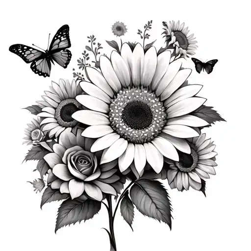 Gerbera Daisy flower with sunflowers, roses and butterflies tattoo design idea