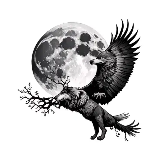 tree no leaves a wolf a full moon an eagle soaring tattoo design idea
