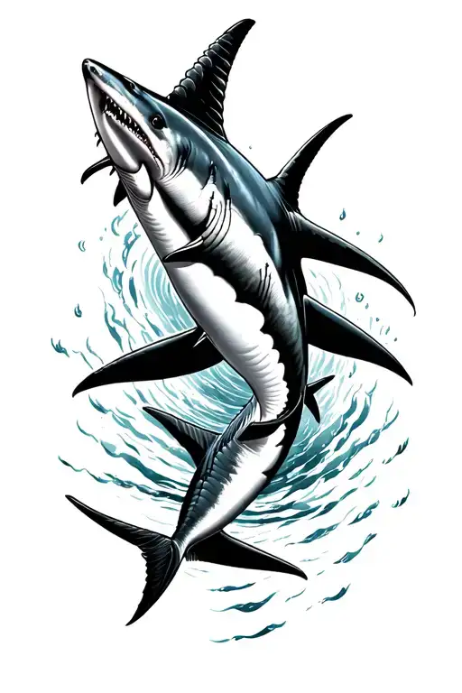 top view looking down at 2 mako sharks swimming gracefully together tattoo design idea
