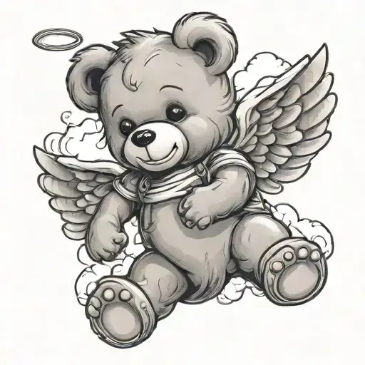 Teddy bear with angel wings on a cloud tattoo design idea