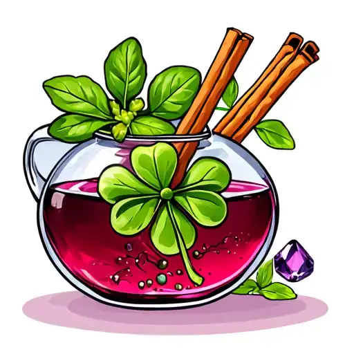 potion bottle filled with cinnamon stick, basil, four-leaf clover, amethyst, and red liquid.  tattoo design idea