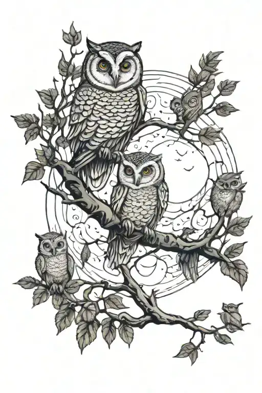 Forrest surrounded by the moon with owls resting on a branch  tattoo design idea