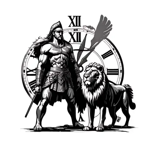 Spartan warrior with a lion and a lioness and a watch in Roman numerals in the background tattoo design idea