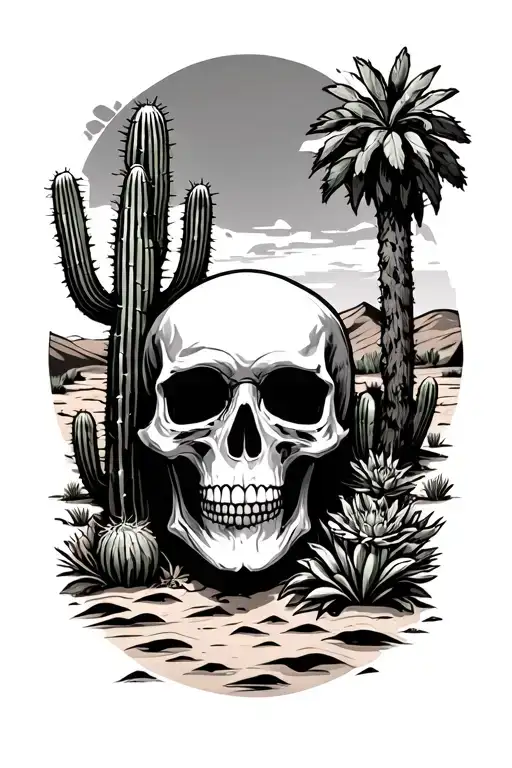 western, desert, palm tree, cactus, skull tattoo design idea