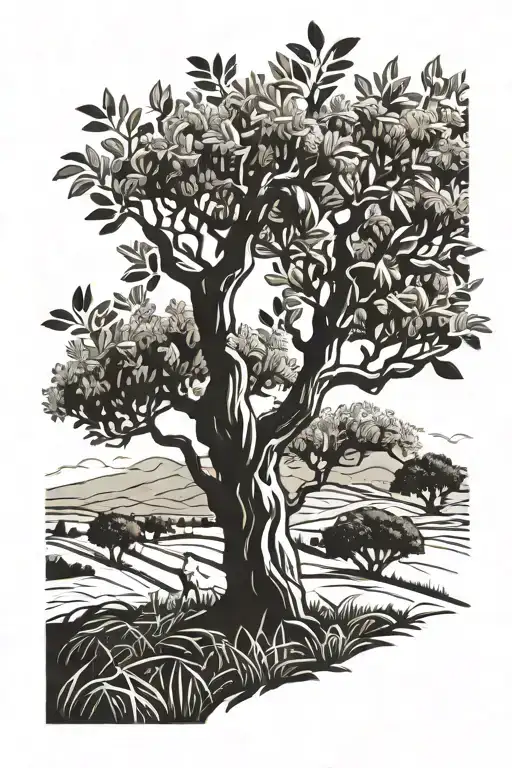 olive tree in a meadow with white warriors fighting with victory in bold  tattoo design idea