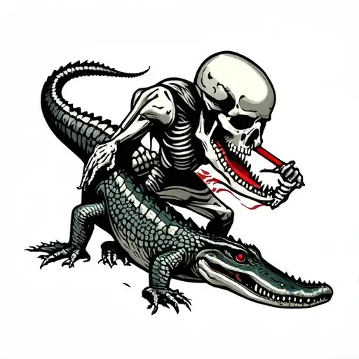metalhead skeleton killing an alligator tattoo design idea