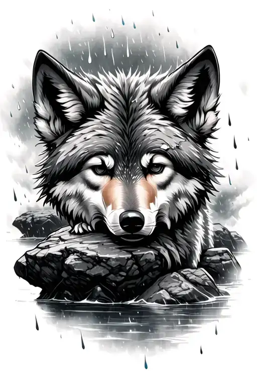 Baby wolf crying in the rain on a rock with mist around tattoo design idea