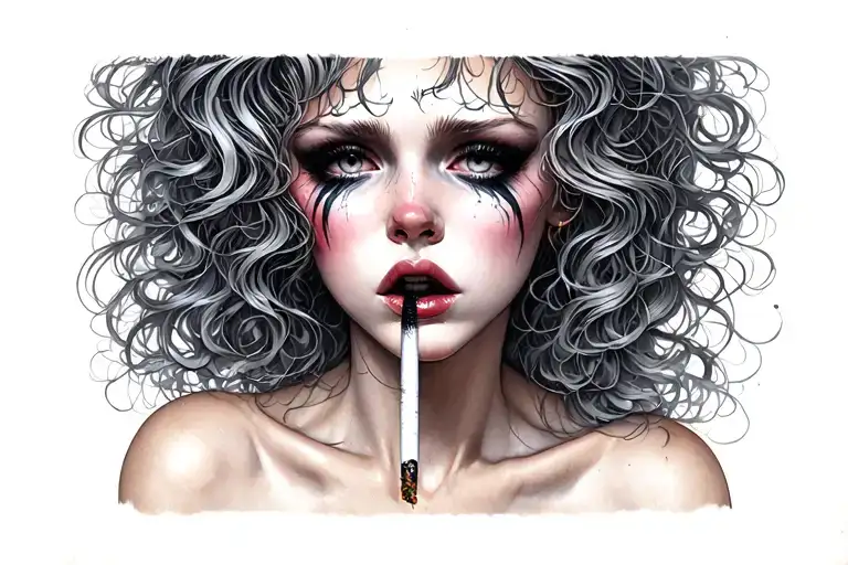 sexy, pale girl crying with mascara on.  wearing little to no clothing, smoking a cigarette tattoo design idea
