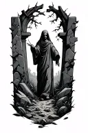 Walking through graveyard broken tombstones tattoo design idea